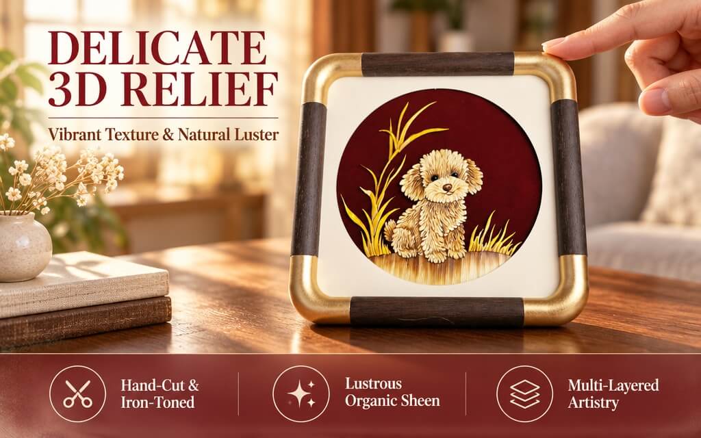 Handmade straw art puppy frame versatile display home decor
